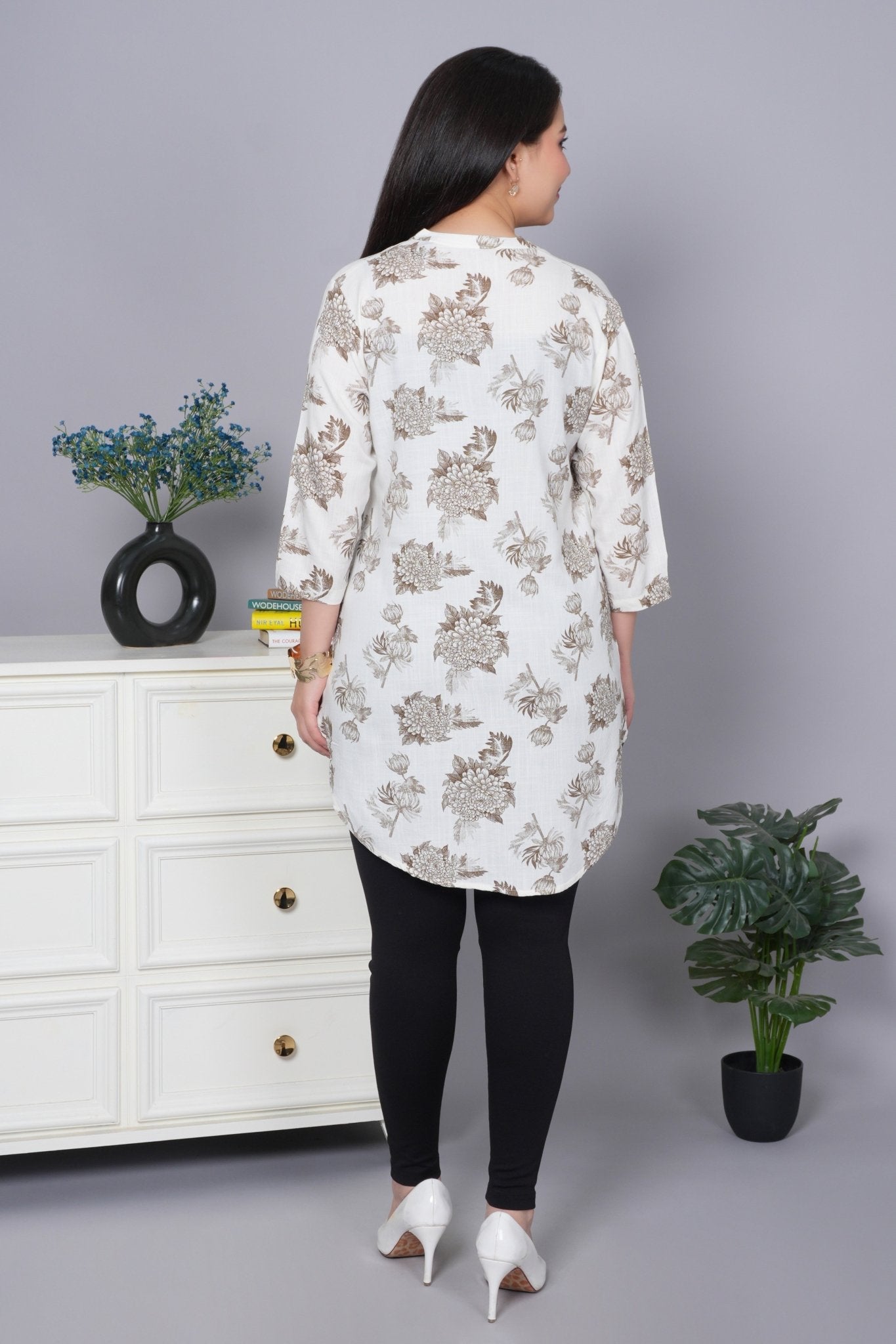 Leaf brown printed kurta neck cotton top [100% Cotton] - Cotton printed kurta neck top