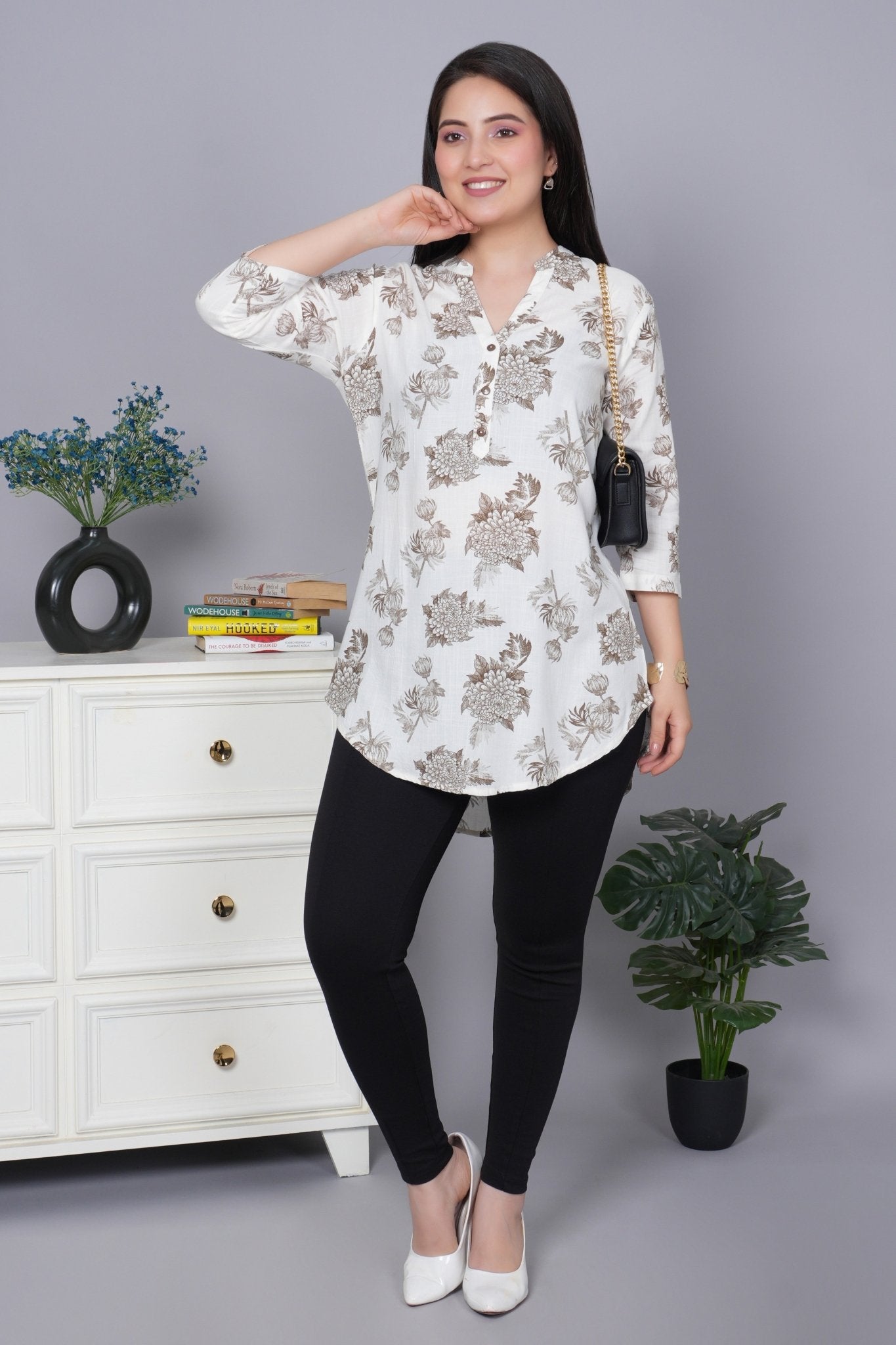 Leaf brown printed kurta neck cotton top [100% Cotton] - Cotton printed kurta neck top