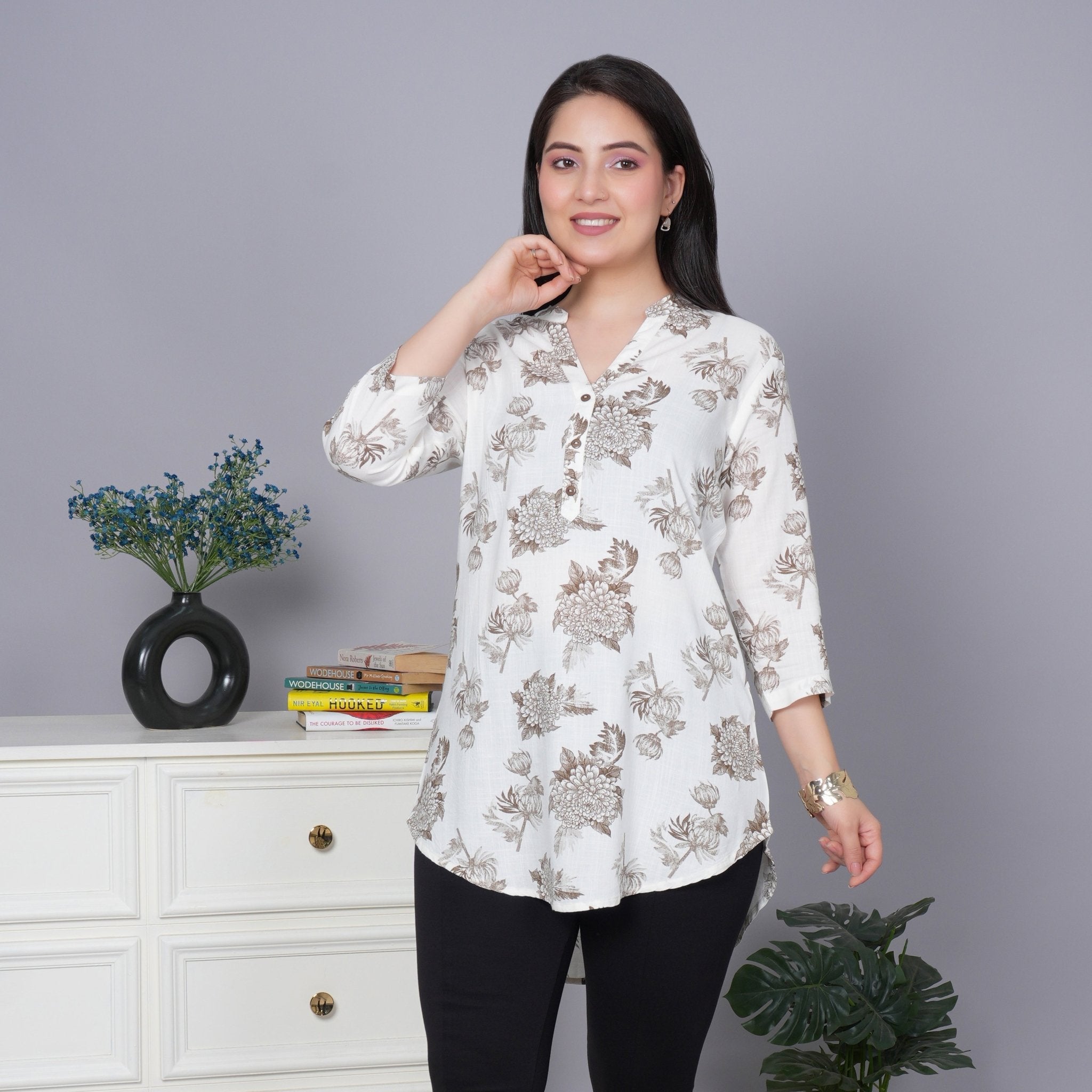 Leaf brown printed kurta neck cotton top [100% Cotton] - Cotton printed kurta neck top