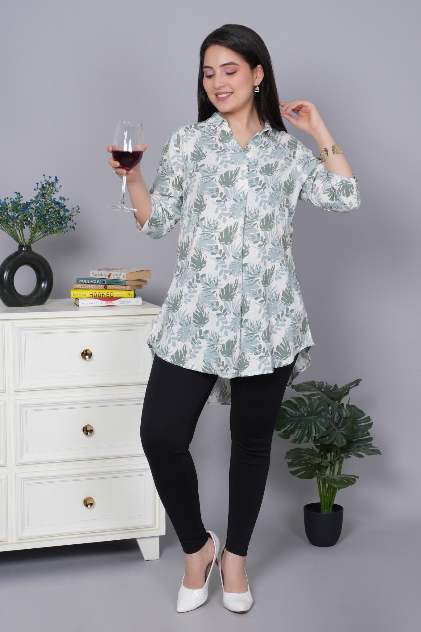 Leaf green cotton printed flare top [ 100% cotton] - Cotton printed flare top