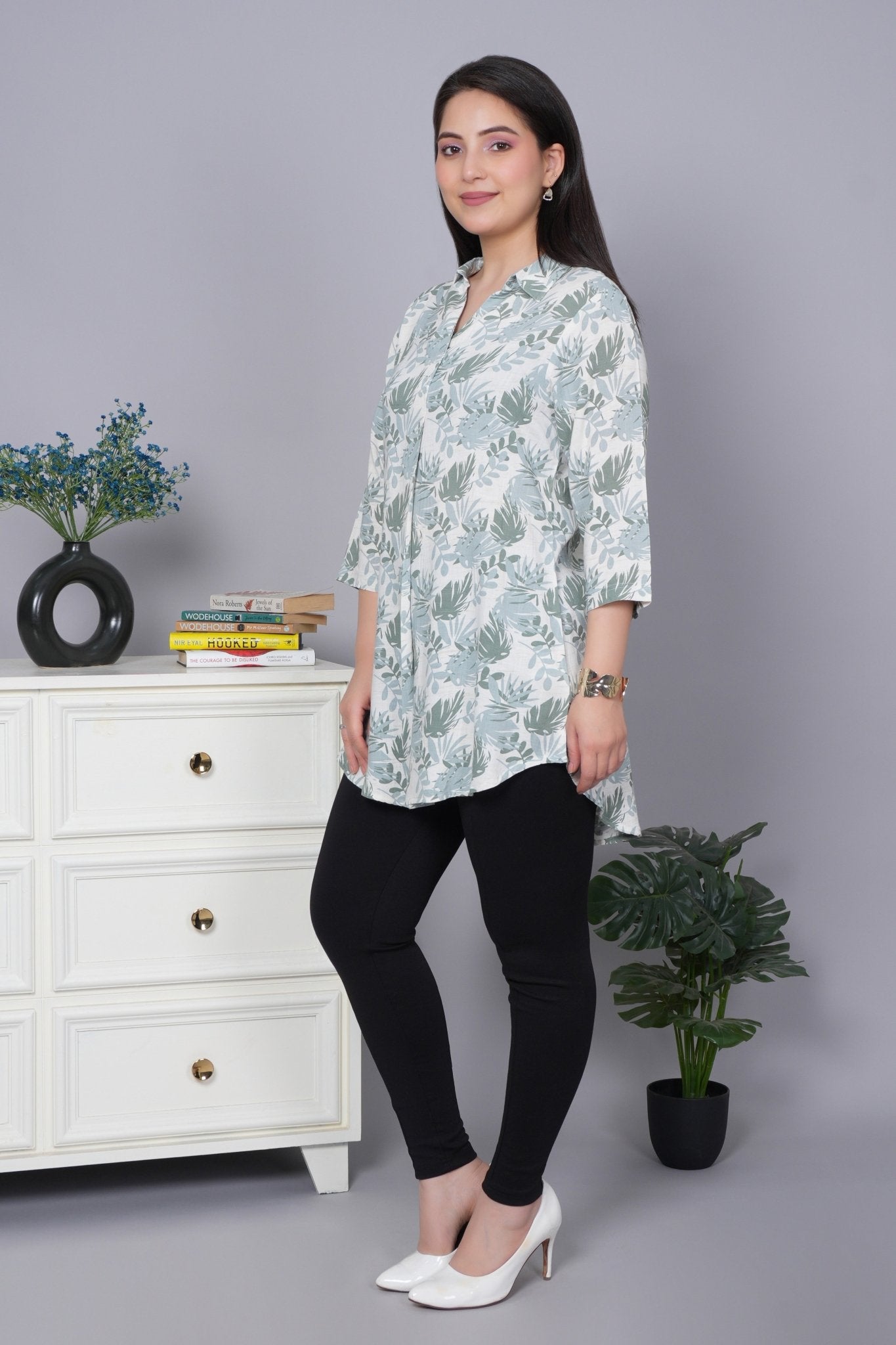 Leaf green cotton printed flare top [ 100% cotton] - Cotton printed flare top