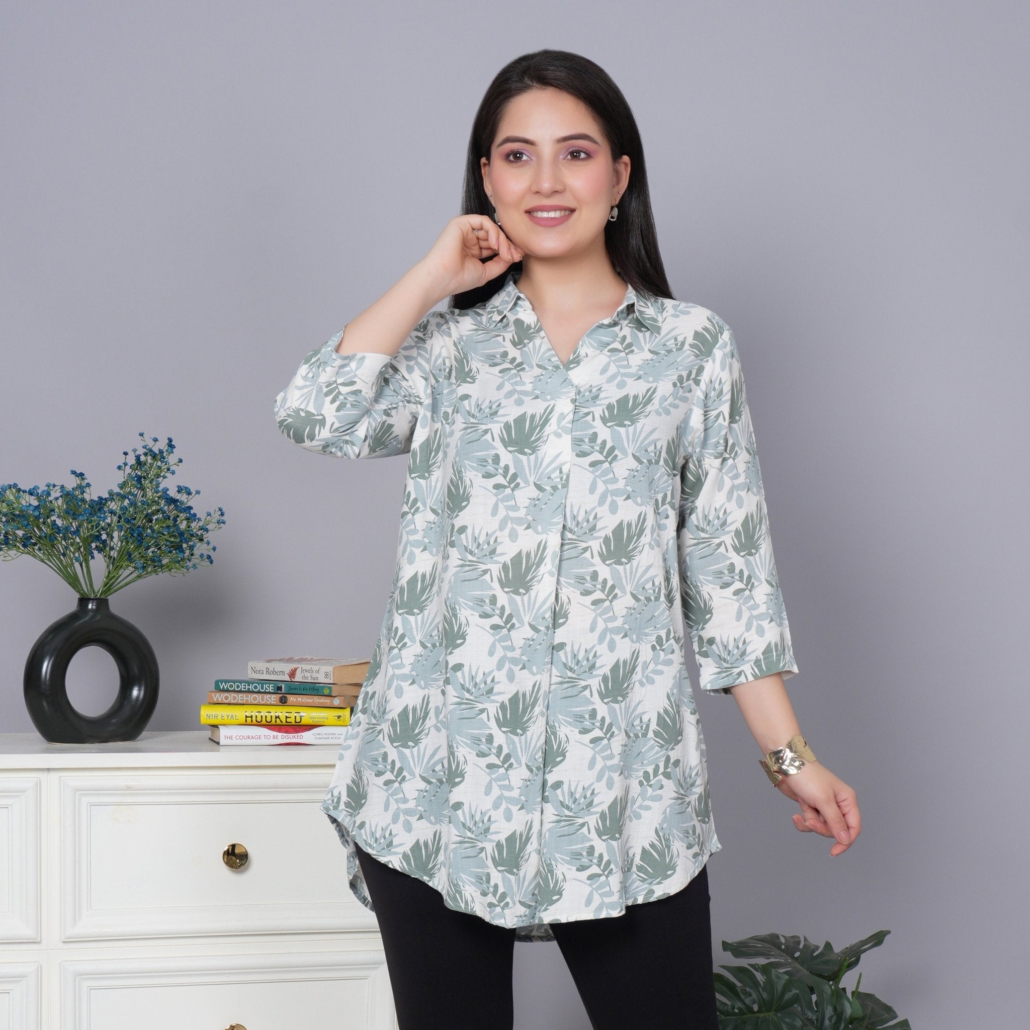 Leaf green cotton printed flare top [ 100% cotton] - Cotton printed flare top
