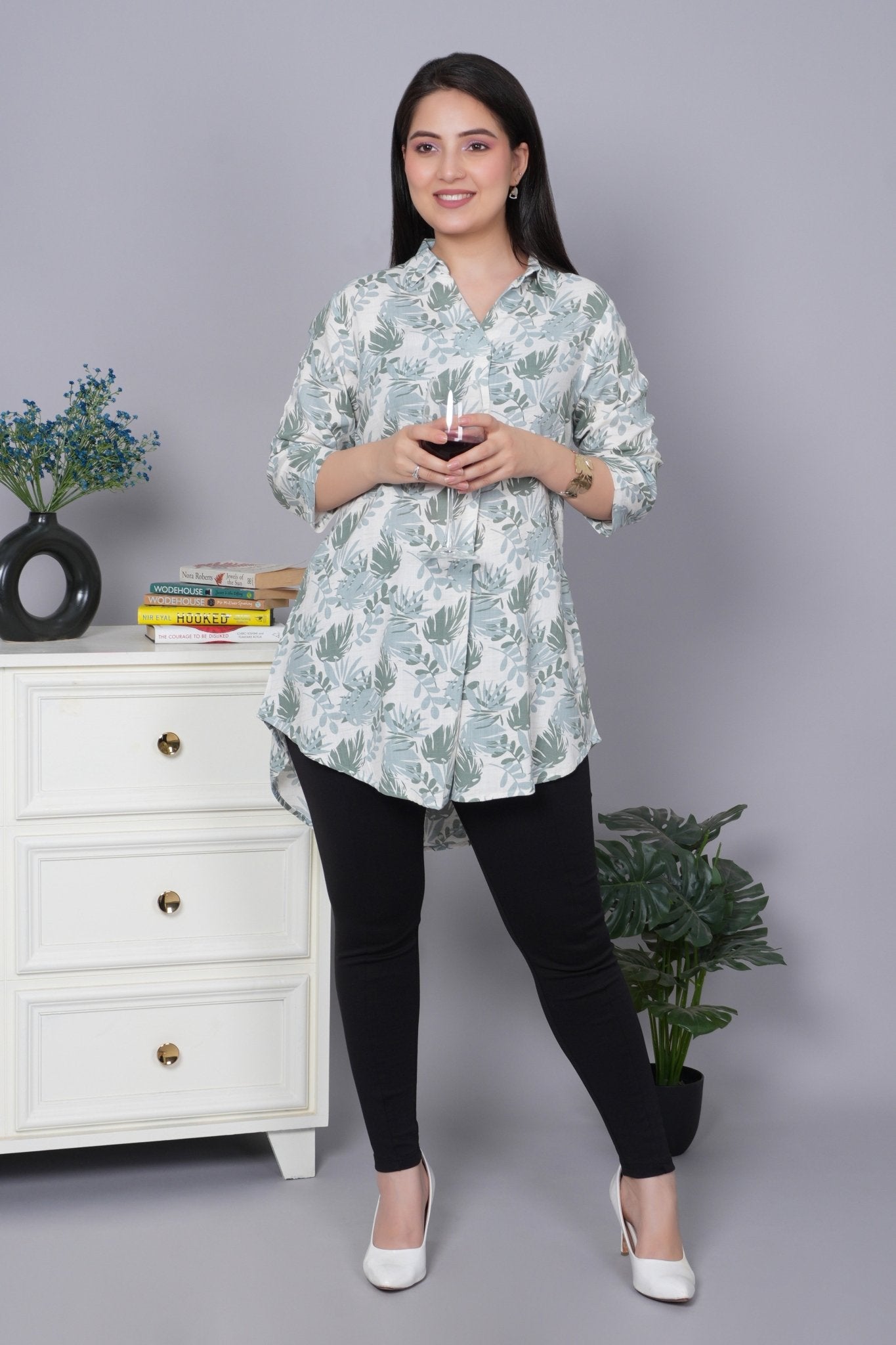Leaf green cotton printed flare top [ 100% cotton] - Cotton printed flare top
