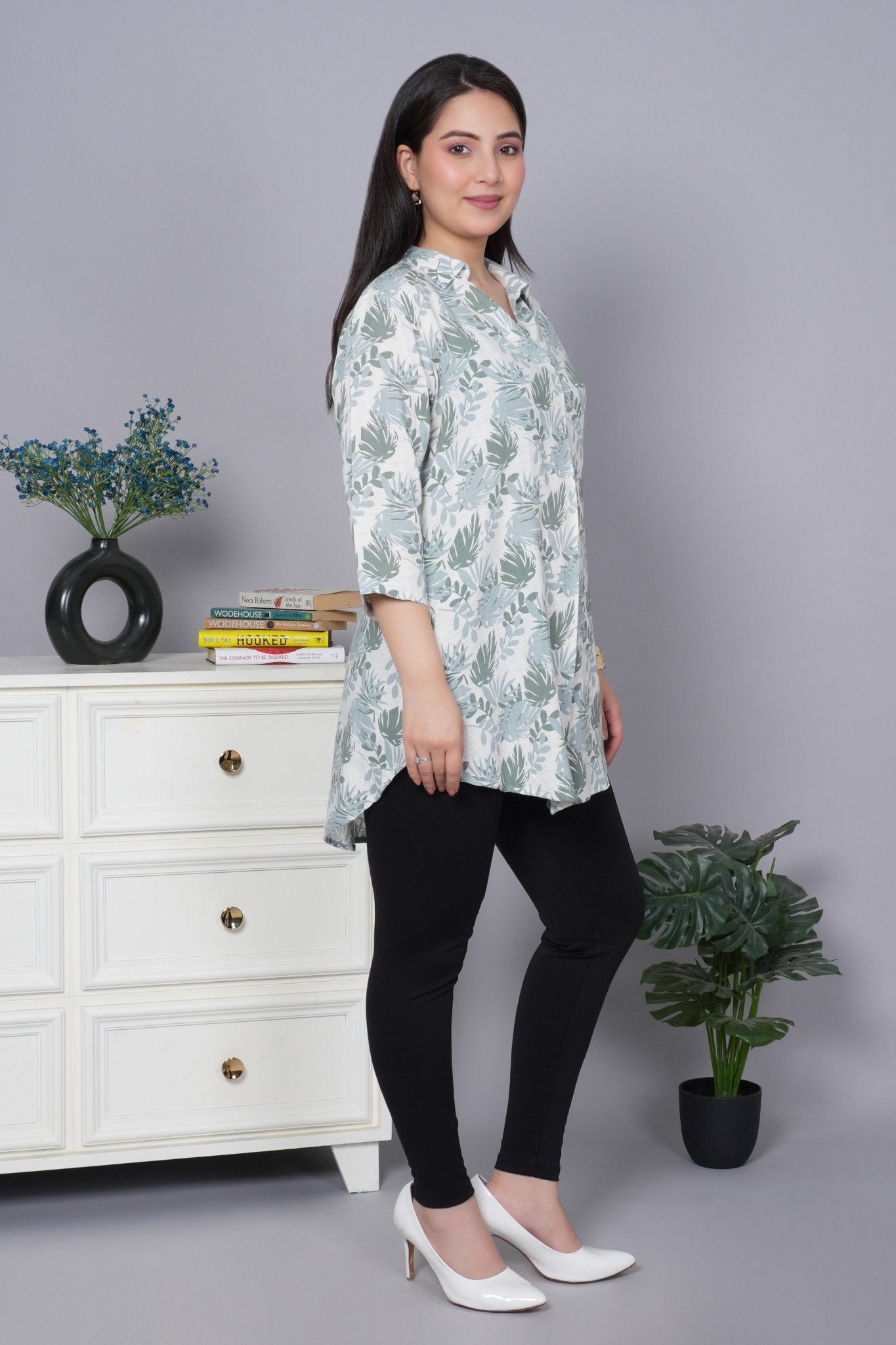 Leaf green cotton printed flare top [ 100% cotton] - Cotton printed flare top