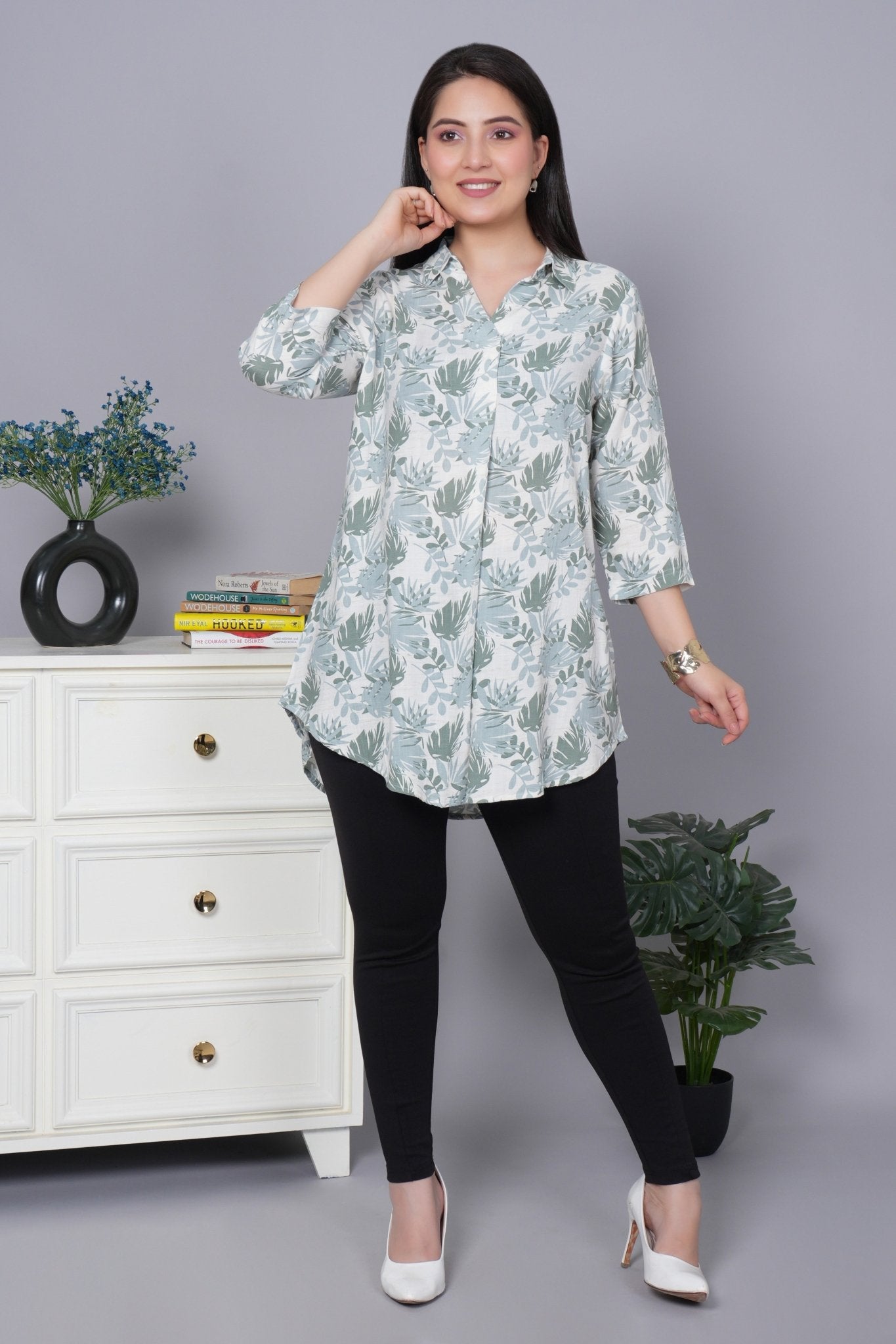 Leaf green cotton printed flare top [ 100% cotton] - Cotton printed flare top