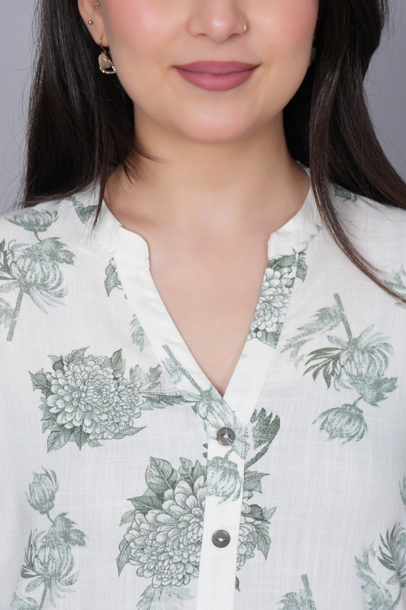 Leaf green printed kurta neck cotton top [100% Cotton] - Cotton printed kurta neck top