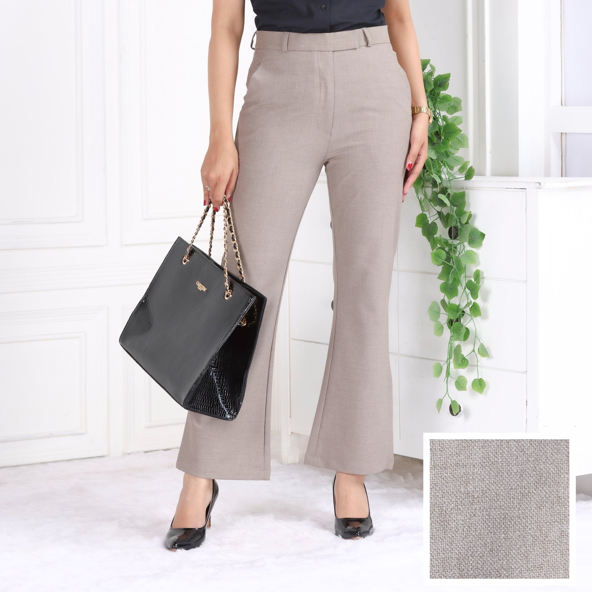 Light brown melange high waist formal flare pants with spandex [Bootcut flare] - Formal flare pants