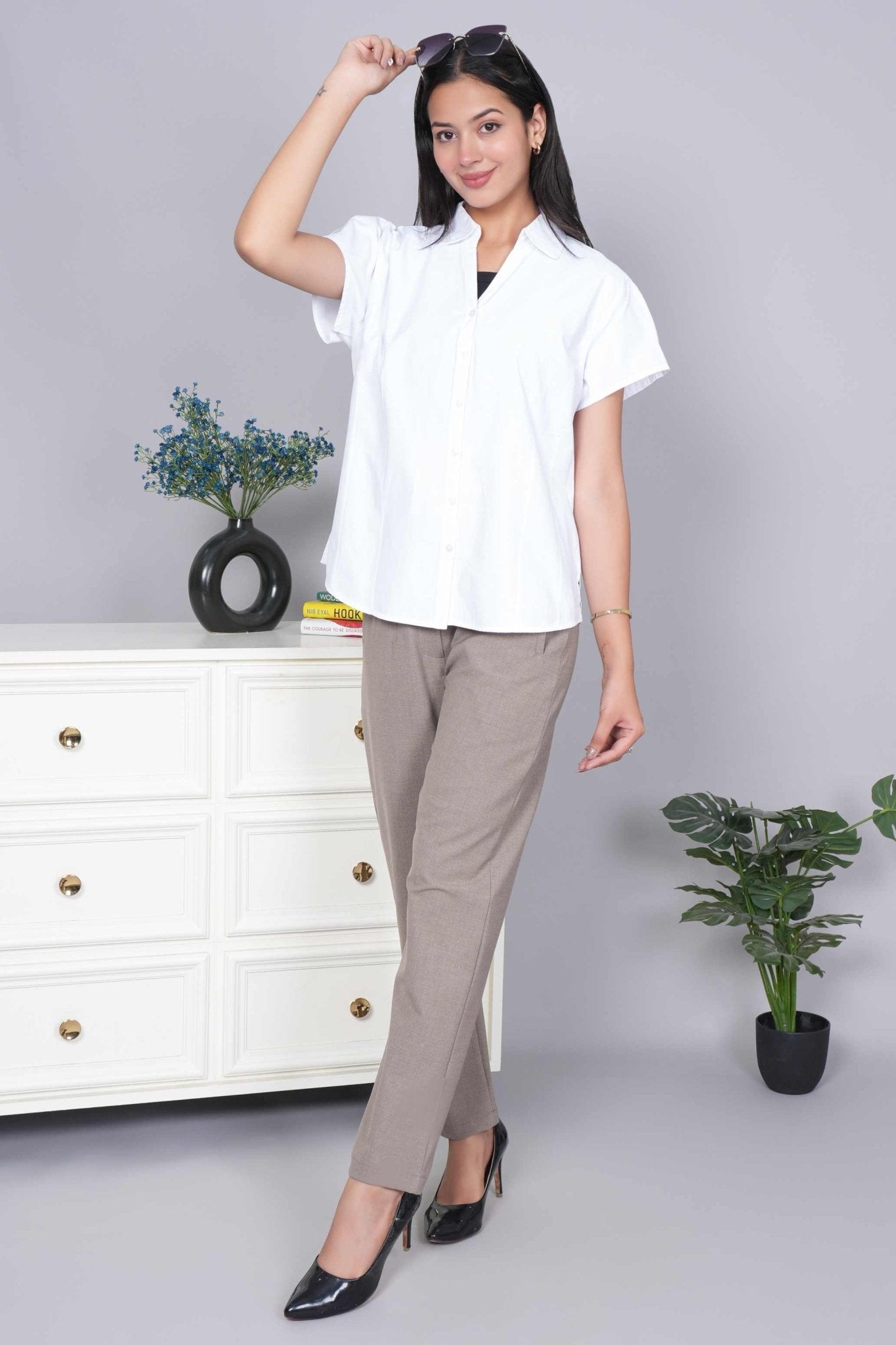 Light brown melange high waist pleated pant with spandex [Straight fit] - High waist pleated pant