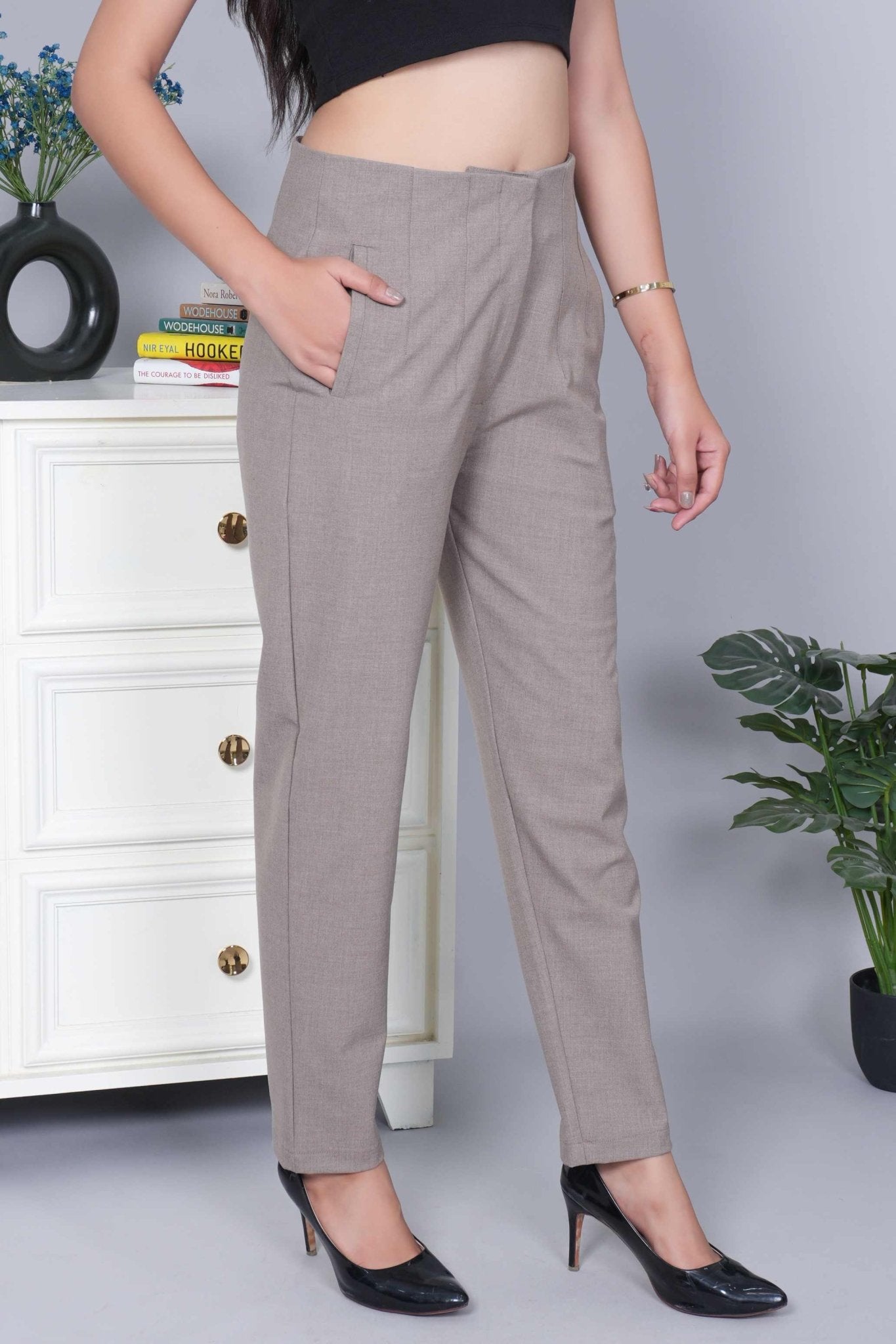 Light brown melange high waist pleated pant with spandex [Straight fit] - High waist pleated pant