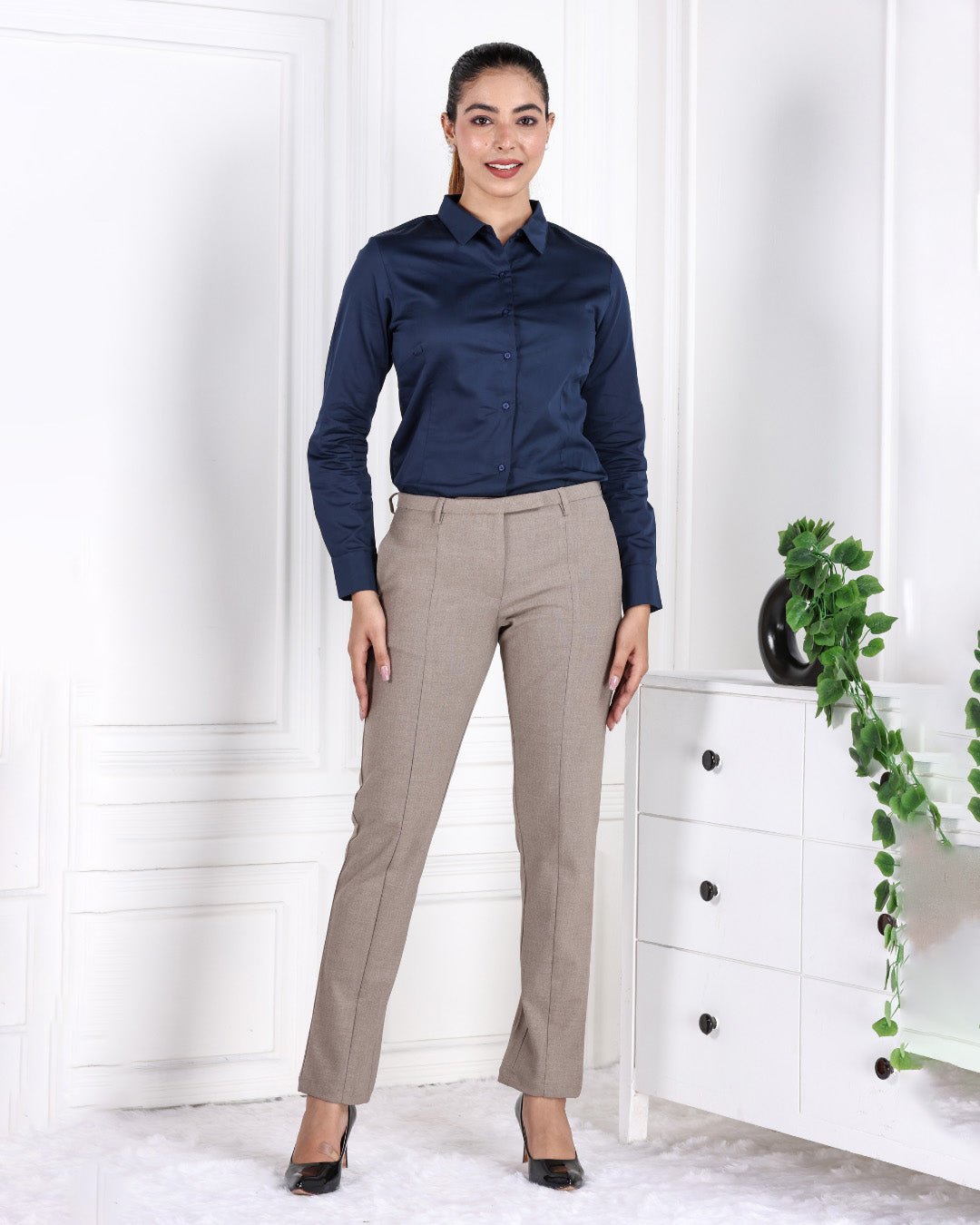 Light brown melange woven formal pants with spandex [Straight fit] - Woven formal pants