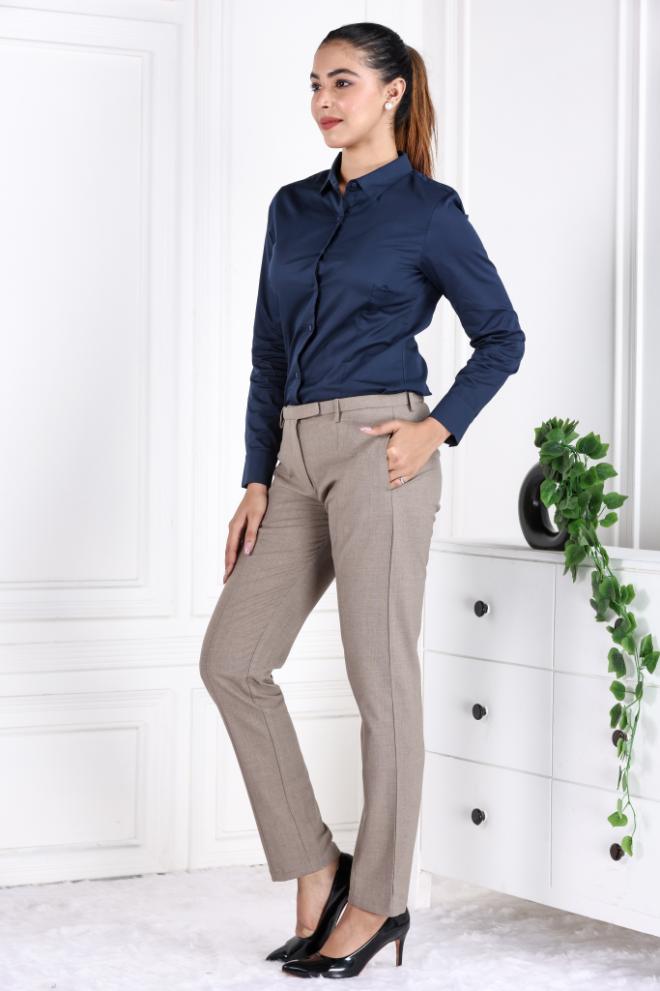 Light brown melange woven formal pants with spandex [Straight fit] - Woven formal pants