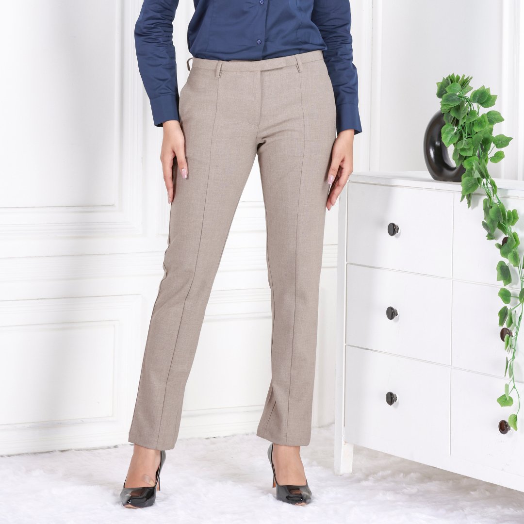 Light brown melange woven formal pants with spandex [Straight fit] - Woven formal pants