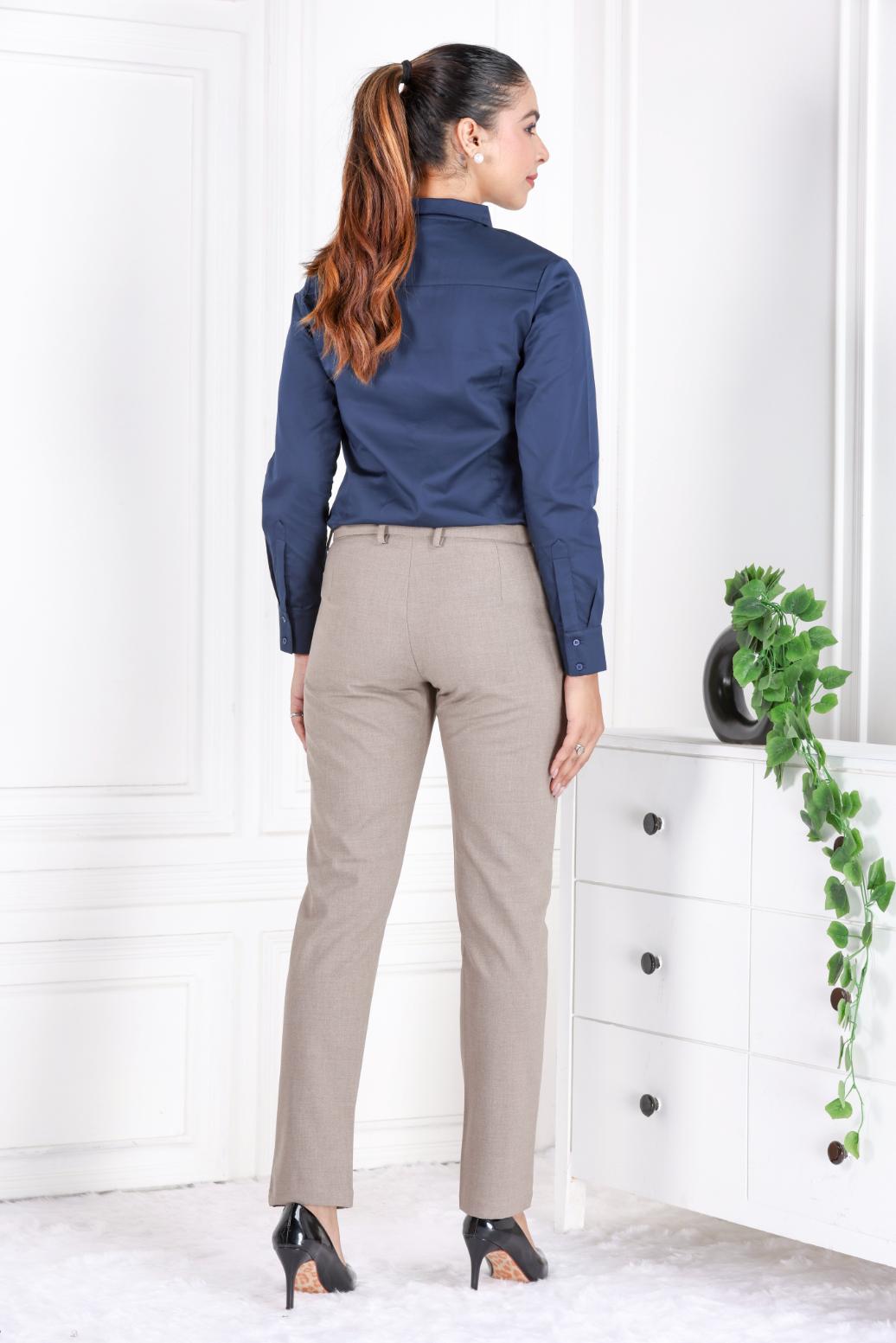 Light brown melange woven formal pants with spandex [Straight fit] - Woven formal pants