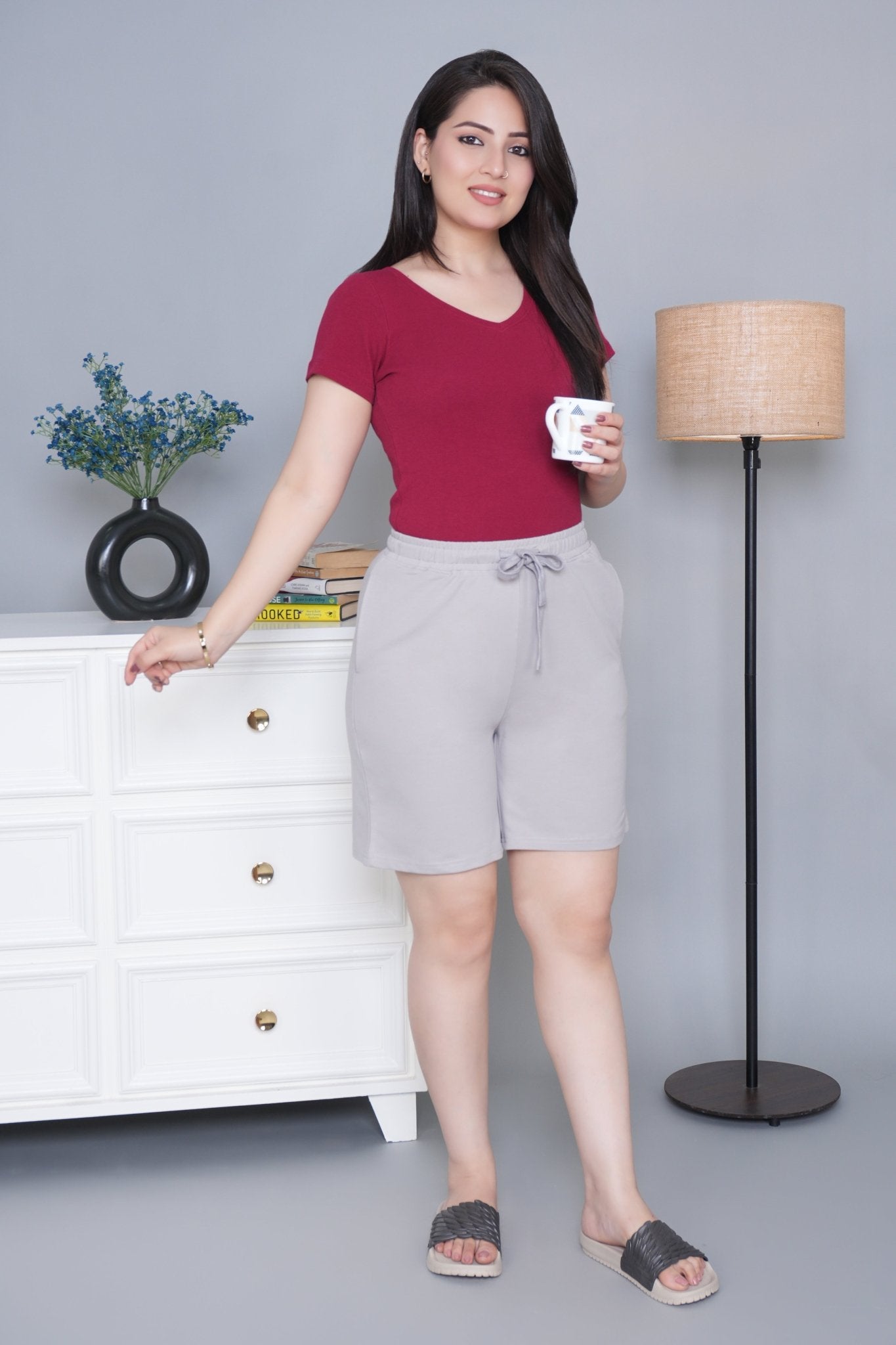 Light grey all day home shorts with extra comfort. [100% Cotton Lycra] - All day home shorts