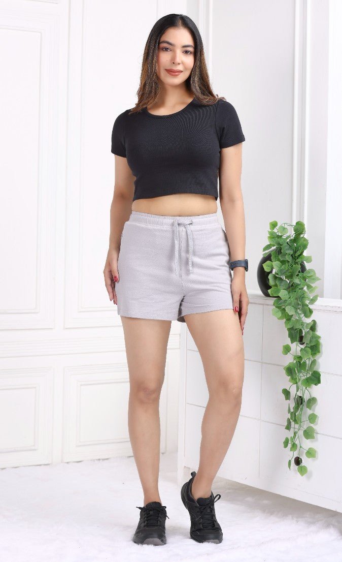 Light grey all day two pocket cotton lycra shorts made with USA HQ cotton with zip. - Zip pocket cotton short