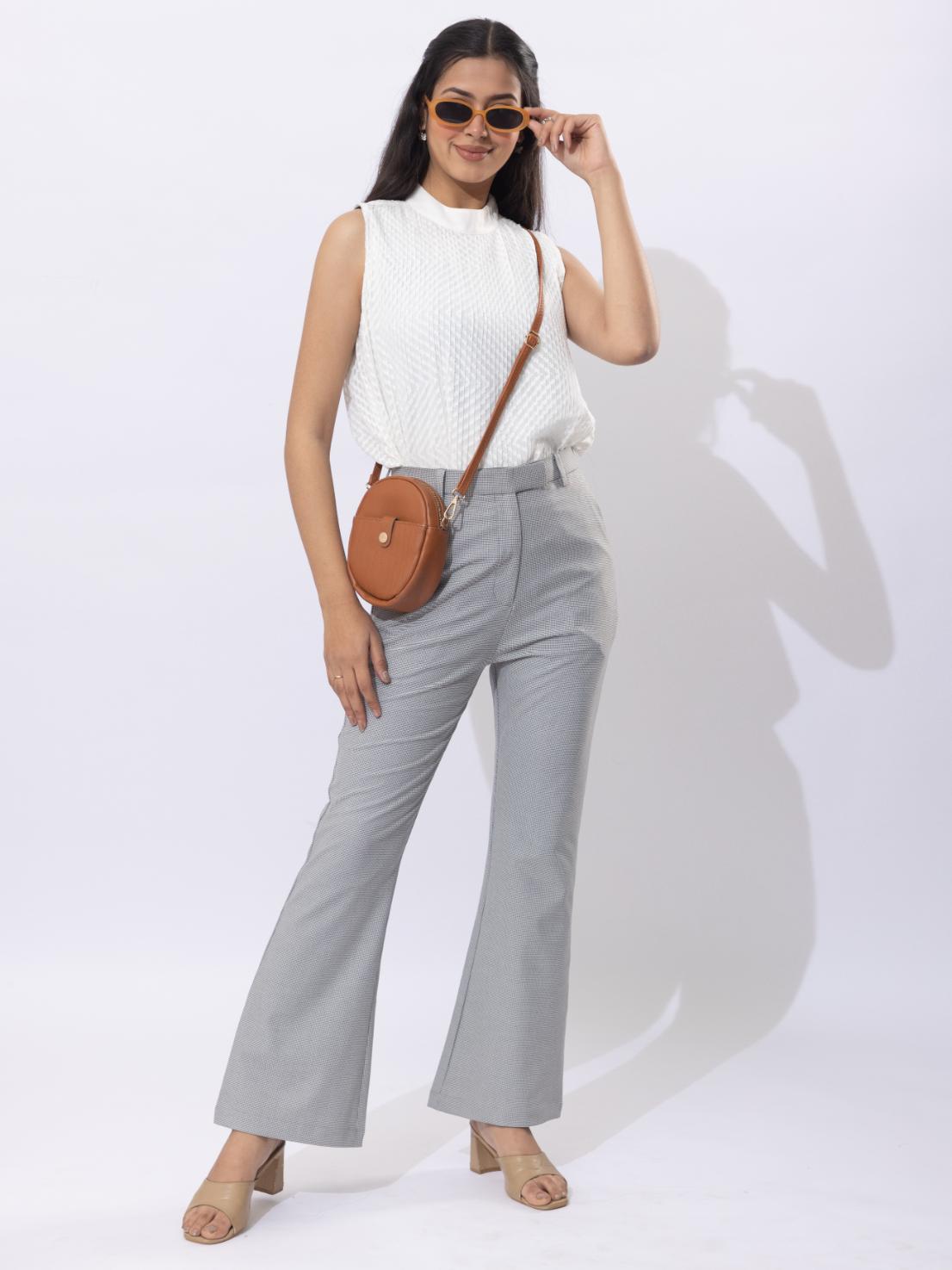 Light grey check high waist formal flare pants with spandex [Bootcut flare] - Formal flare pants