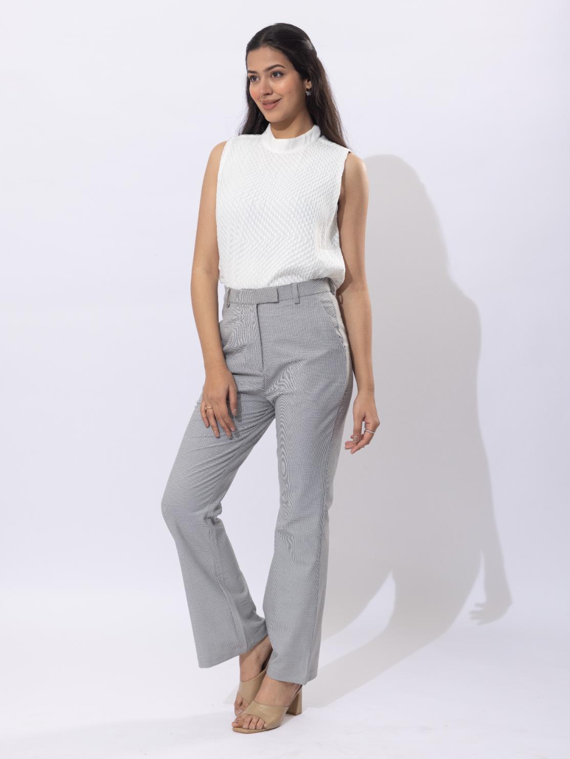 Light grey check high waist formal flare pants with spandex [Bootcut flare] - Formal flare pants