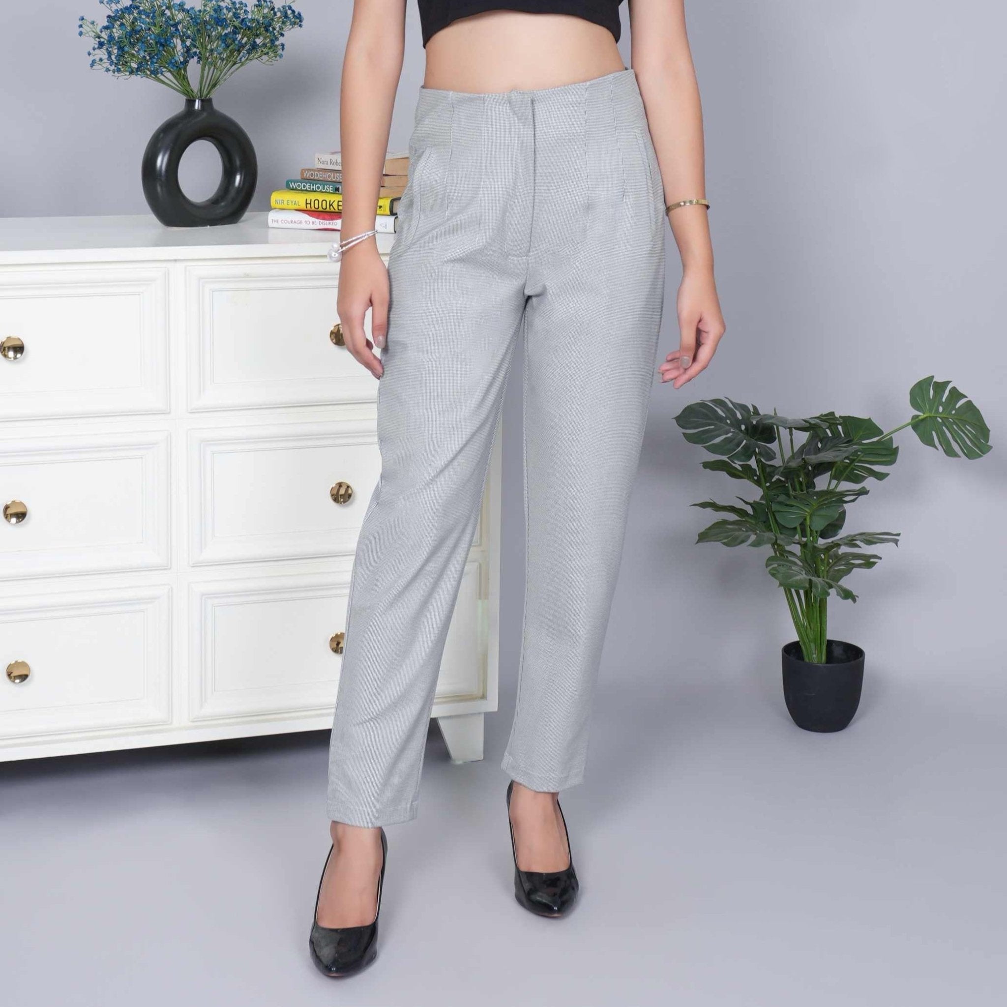 Light grey check high waist pleated pant with spandex [Straight fit] - High waist pleated pant