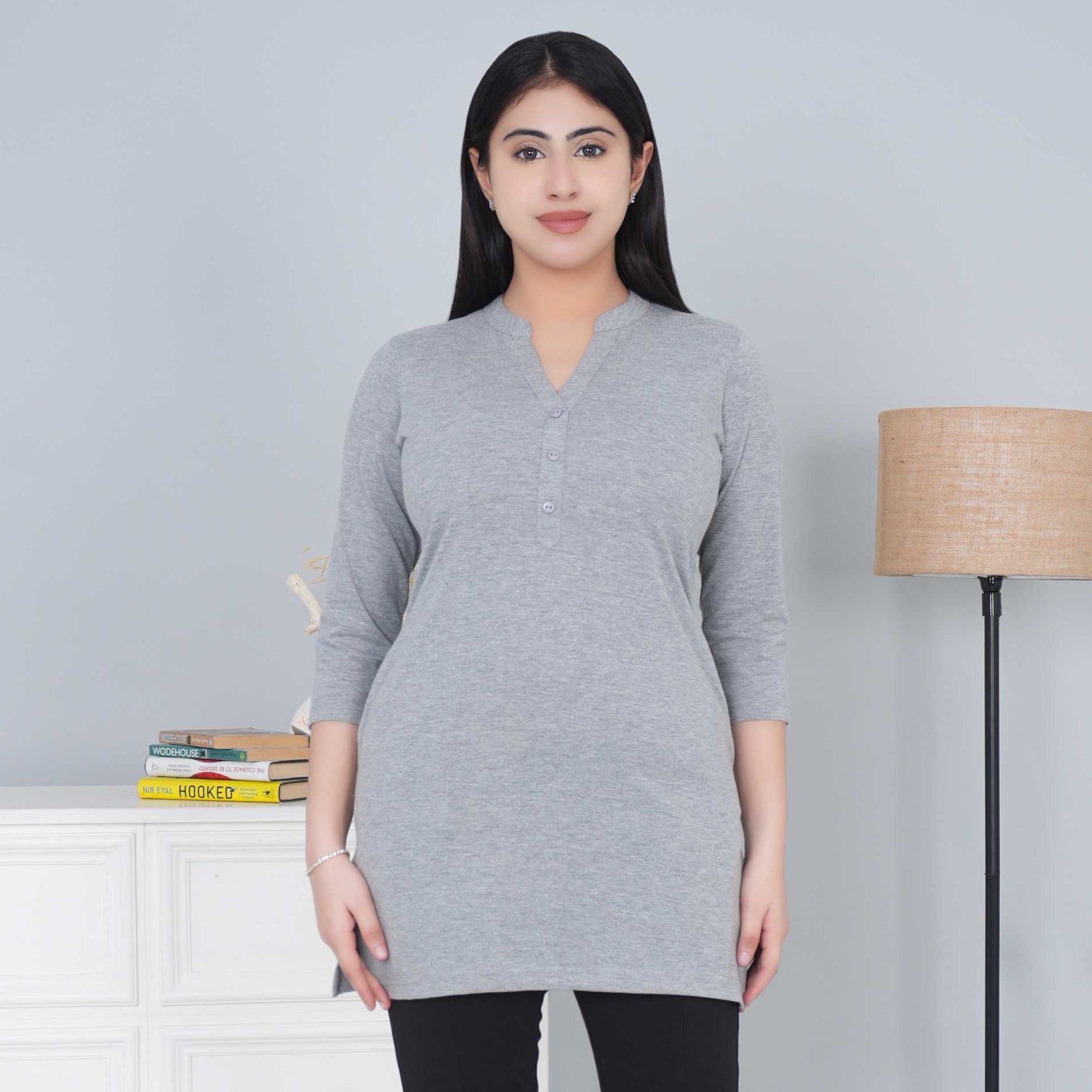Light Grey cotton kurti tshirt with pockets - Kurti tshirt