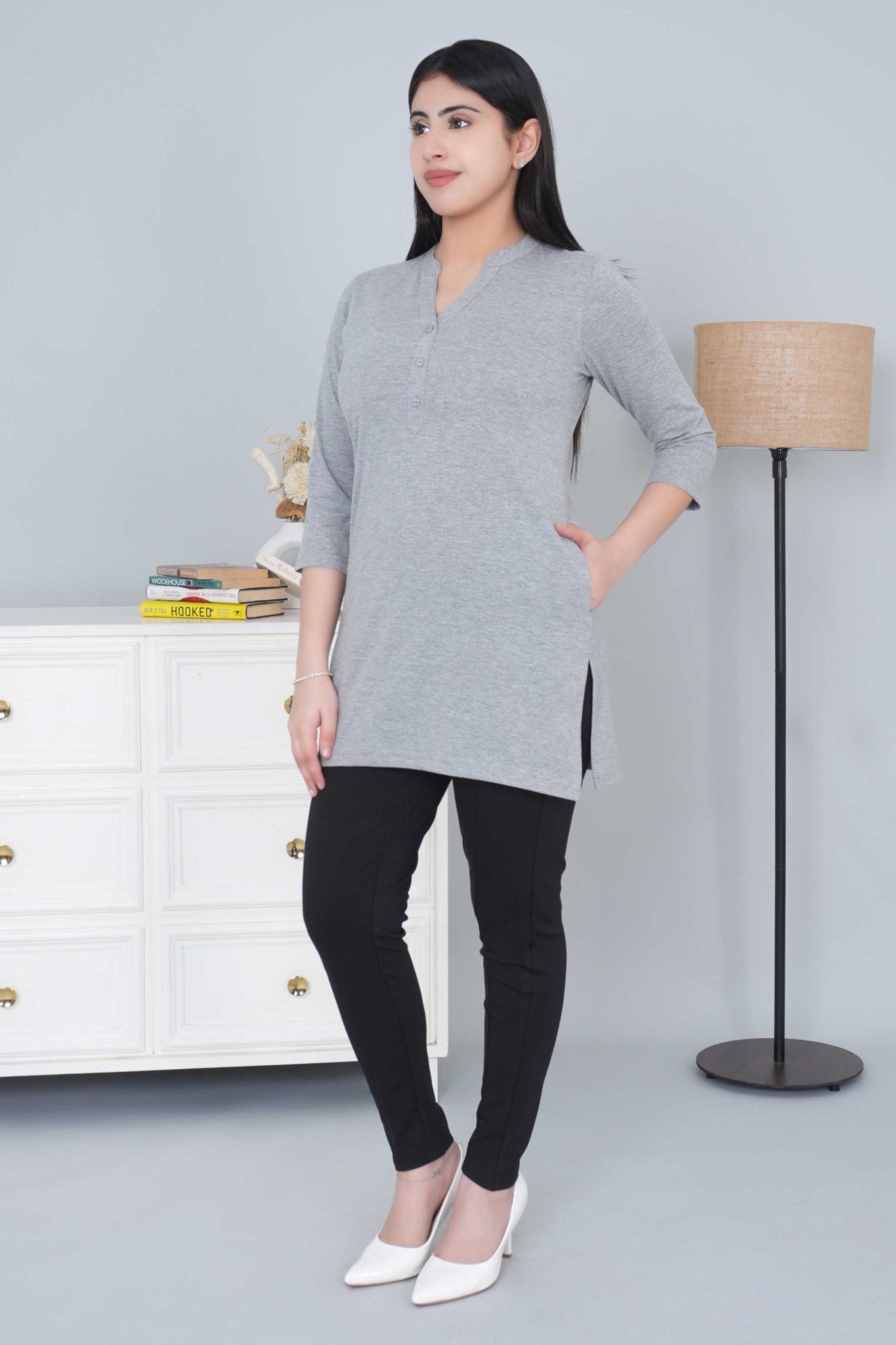 Light Grey cotton kurti tshirt with pockets - Kurti tshirt