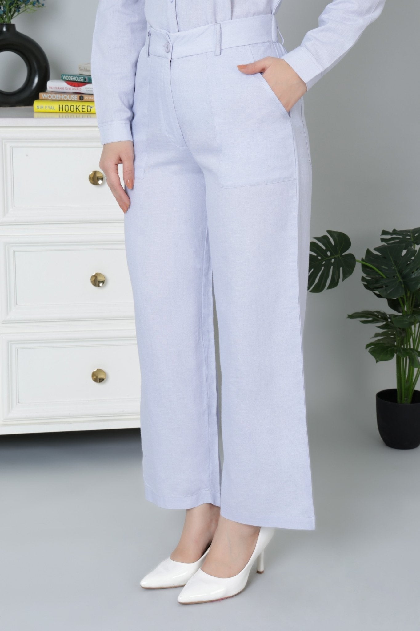 Light Grey linen high waist pant - 