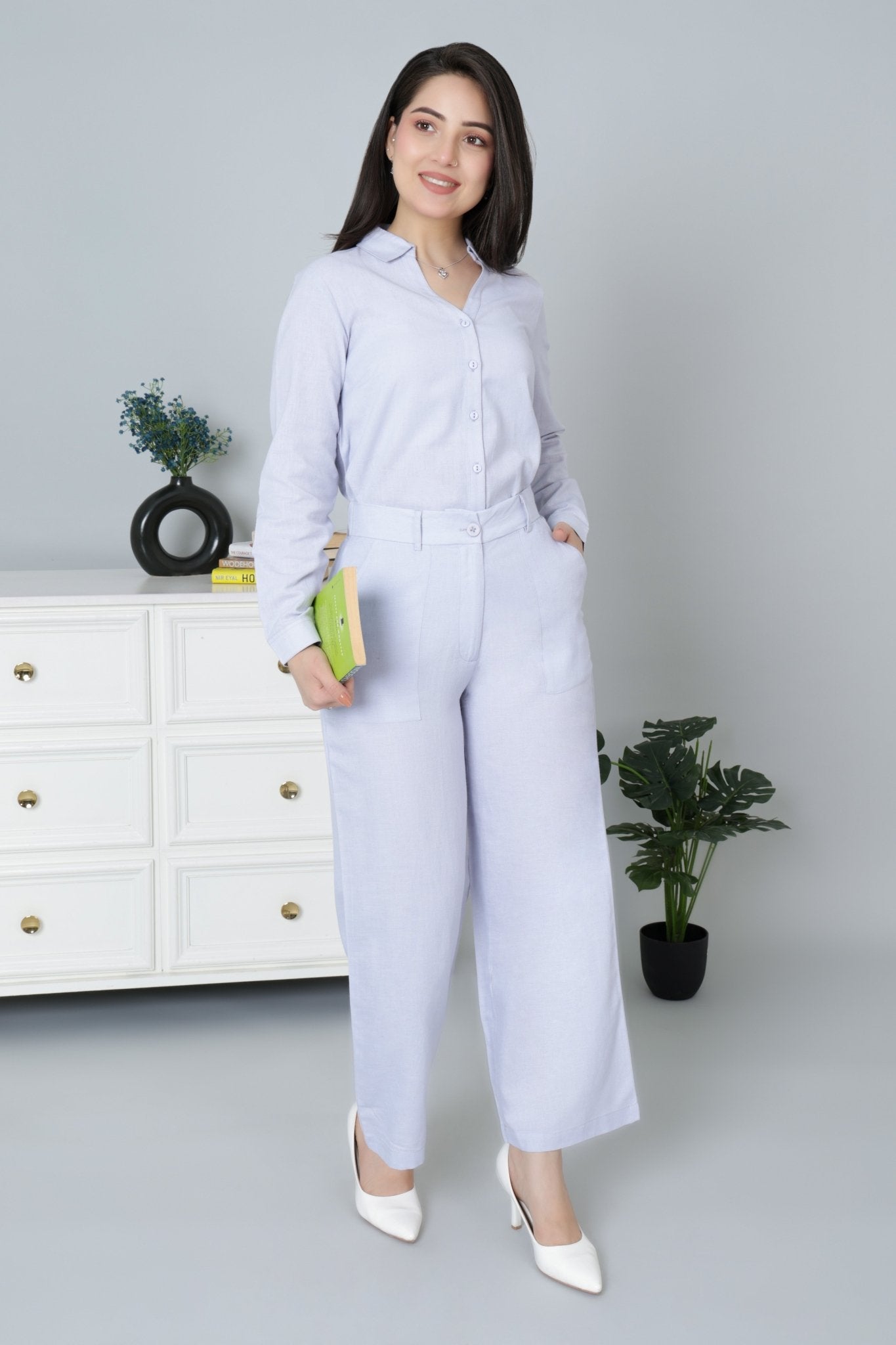 Light Grey linen high waist pant - 