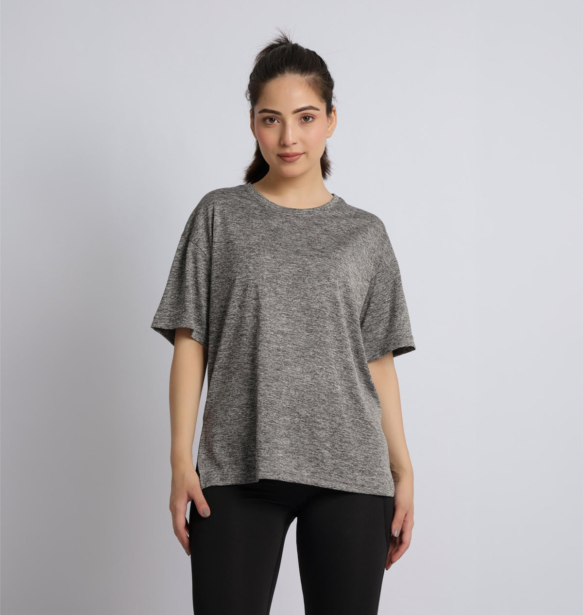 Light grey melange active off shoulder tshirt -Active off shoulder tshirt