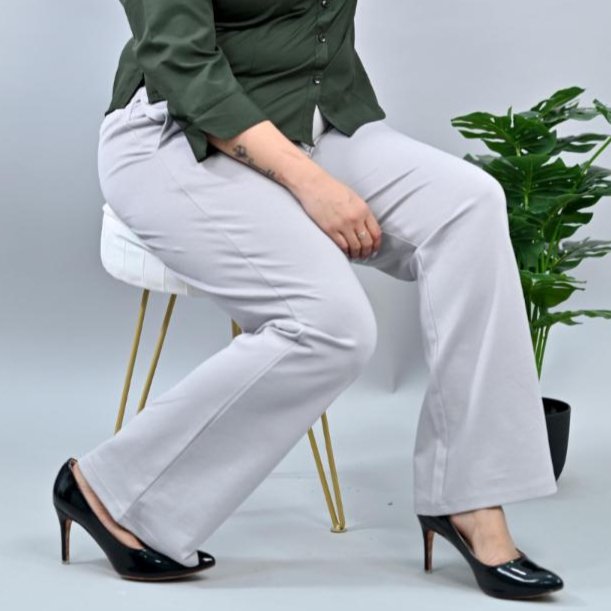 Light grey plus size stretchable biowash USA HQ cotton bootcut flare pants with superior elastic belt. - Milano plus size bootcut flare pants