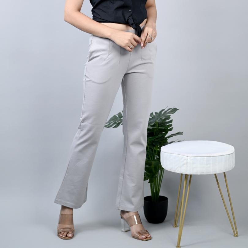 Light grey stretchable biowash cotton bootcut flare pants with superior elastic belt. - Milano bootcut flare pants