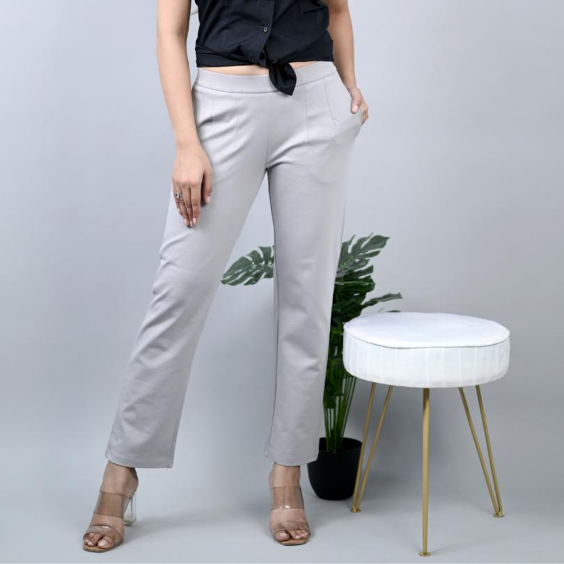 Light grey stretchable biowash USA HQ cotton cigarette pencil pants with superior elastic belt. [Straight fit] - Milano cigarette pencil pants