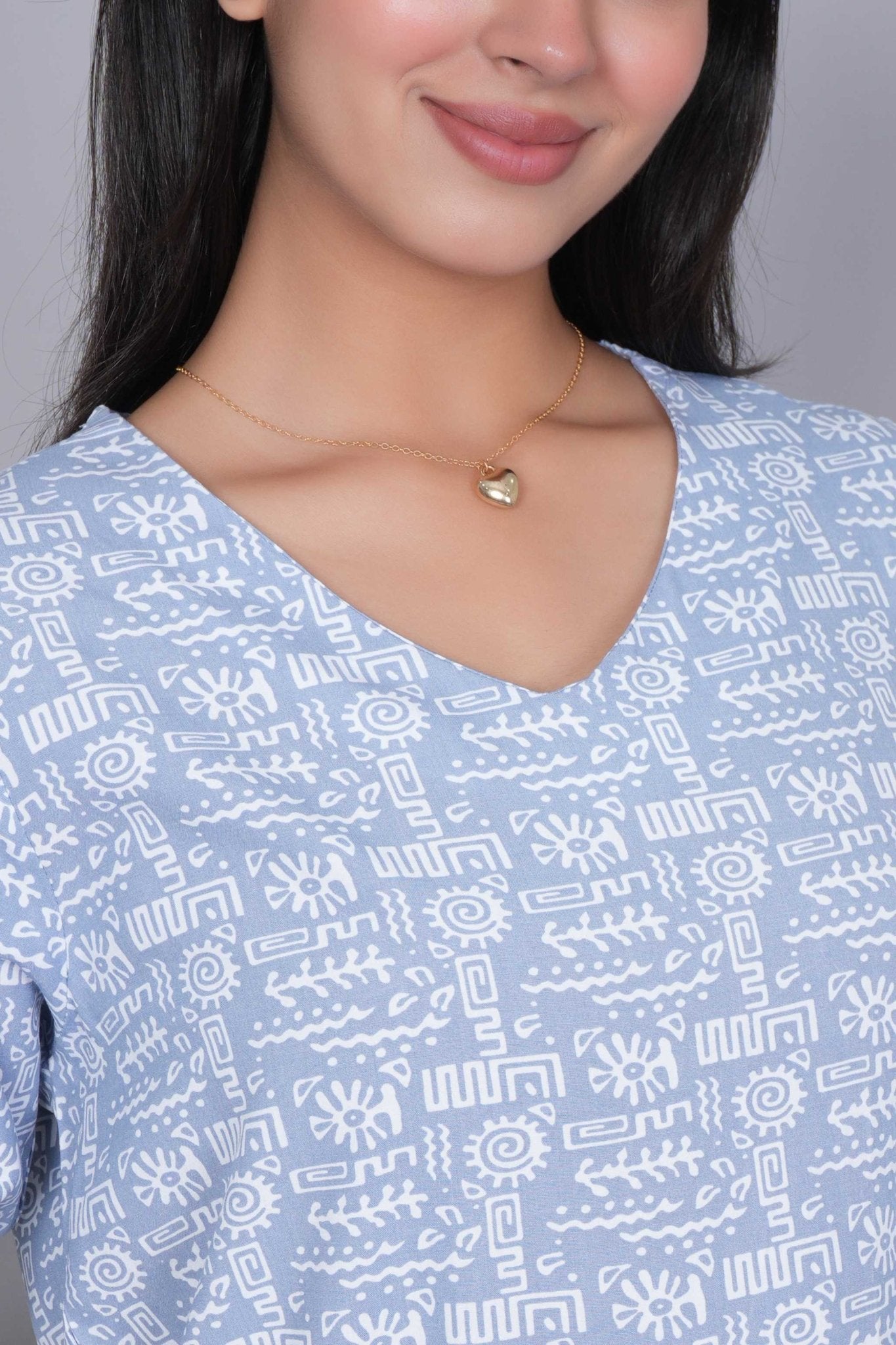Light grey sweet heart neck printed rayon flare top [100% Rayon] - Printed sweet heart neck top