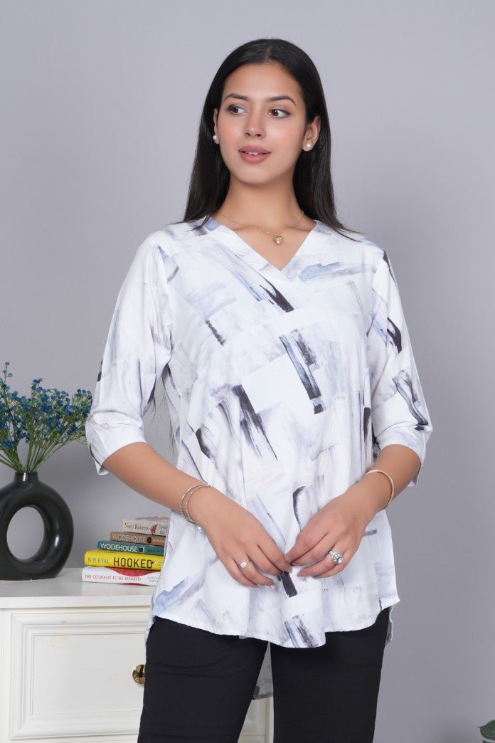 Light grey v neck printed rayon flare top [100% Rayon] - Printed v neck top