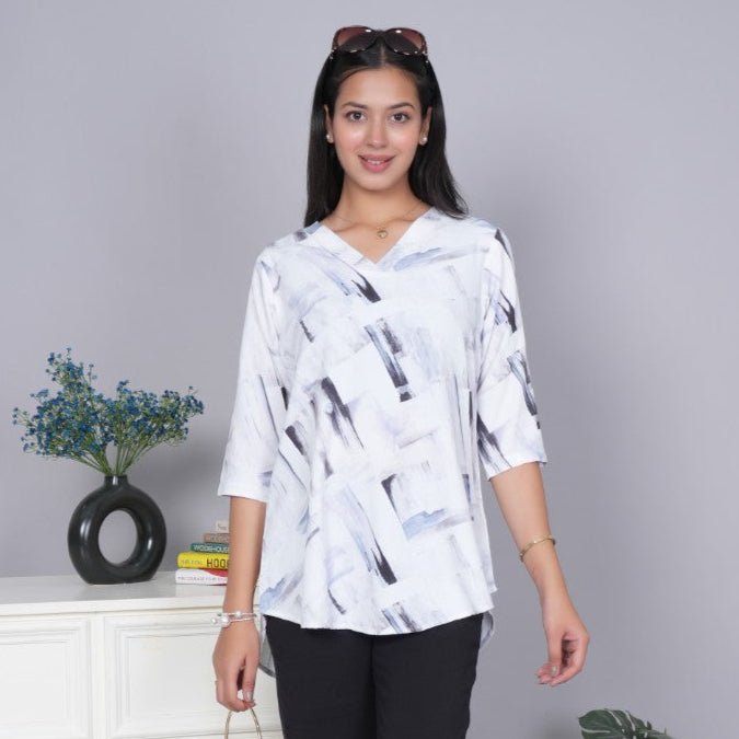 Light grey v neck printed rayon flare top [100% Rayon] - Printed v neck top