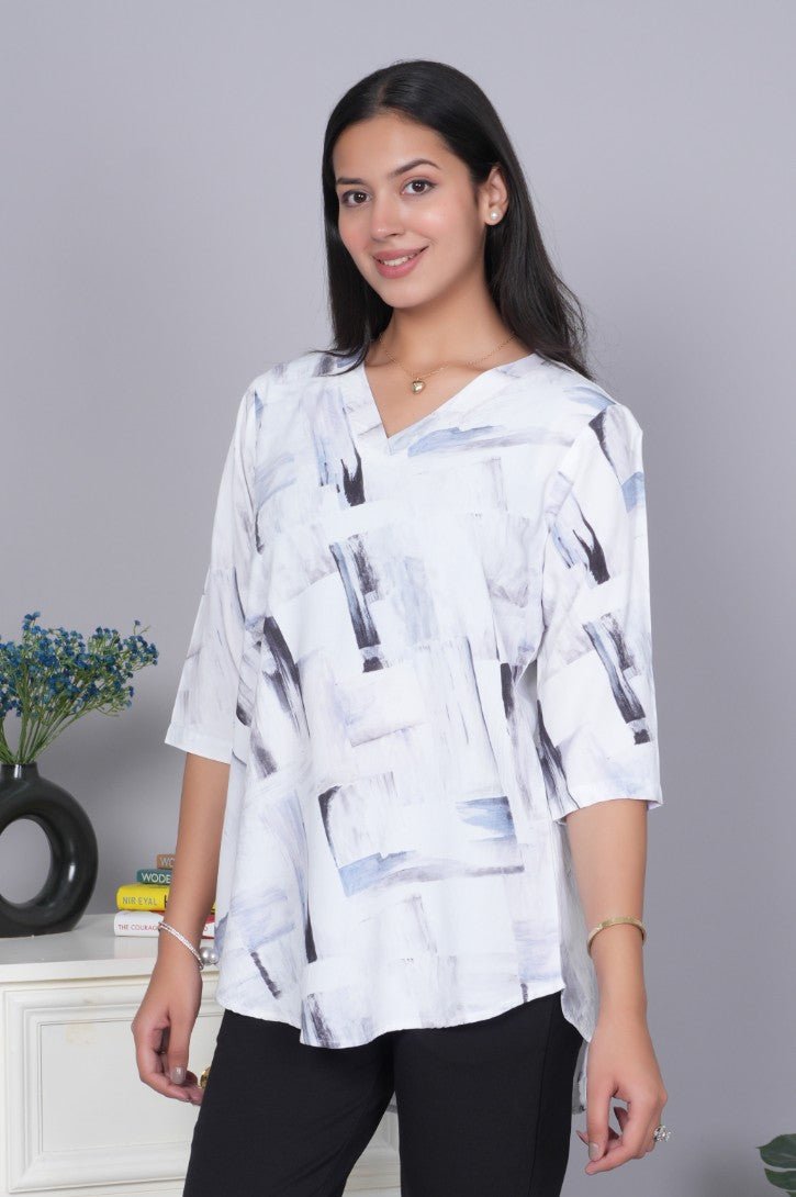 Light grey v neck printed rayon flare top [100% Rayon] - Printed v neck top