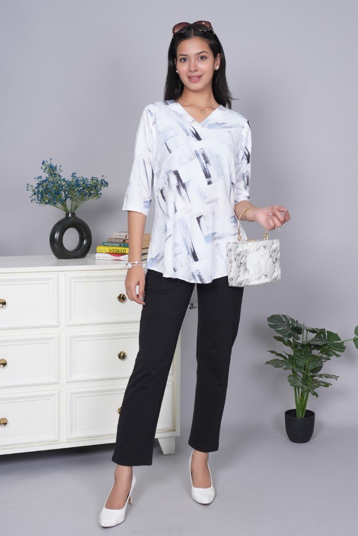 Light grey v neck printed rayon flare top [100% Rayon] - Printed v neck top
