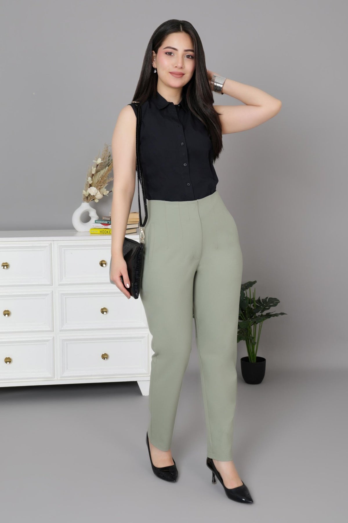 Light olive high waist pleated pant with spandex [Straight fit] -High waist pleated pant