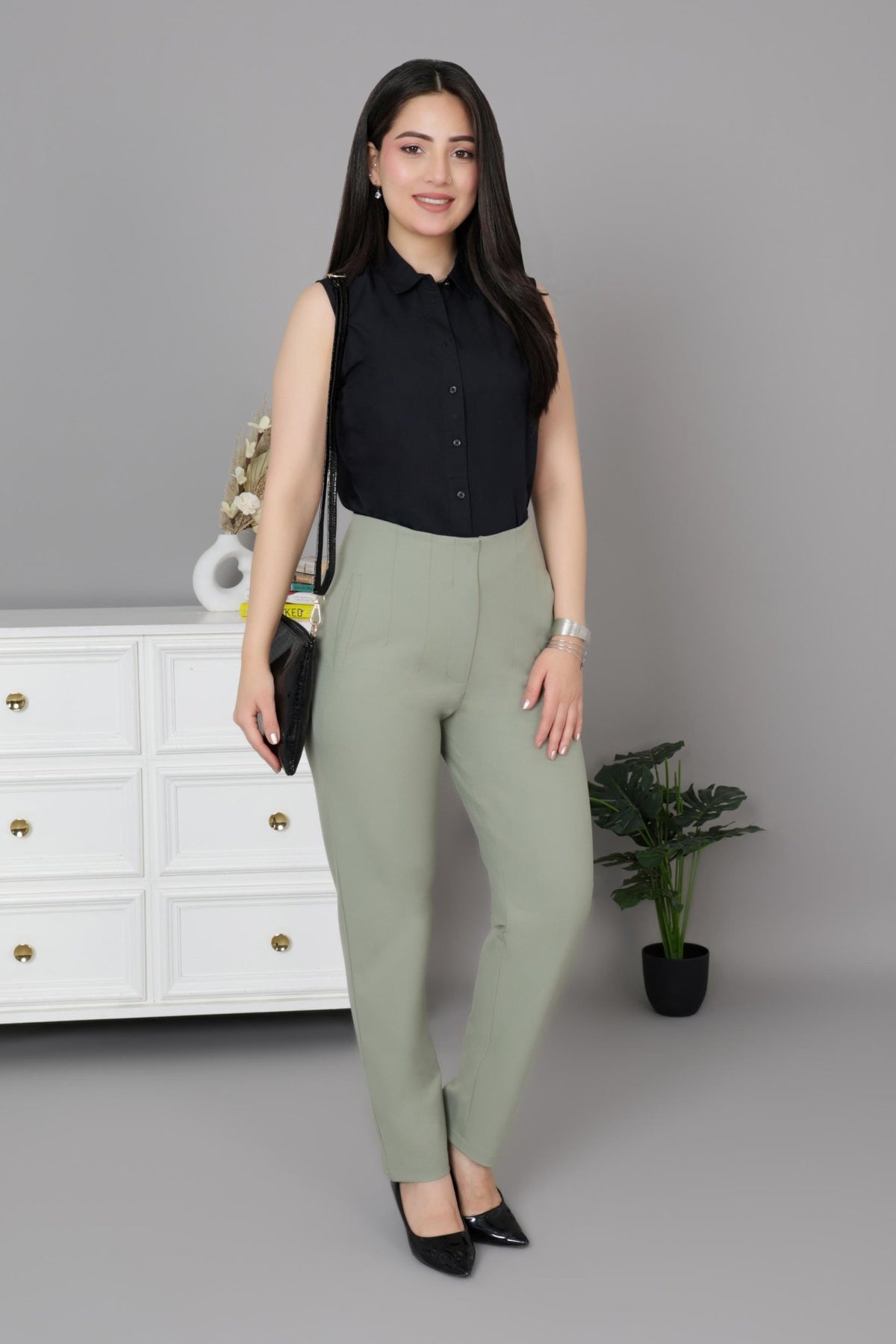 Light olive high waist pleated pant with spandex [Straight fit] -High waist pleated pant