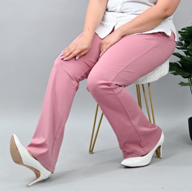 Light pink plus size stretchable biowash USA HQ cotton bootcut flare pants with superior elastic belt. - Milano plus size bootcut flare pants