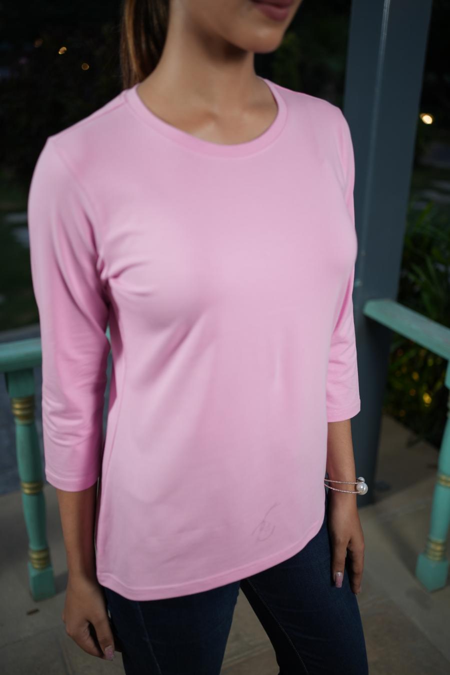 Light Pink Round Neck Cotton full Sleeve T Shirt - Cotton t shirt