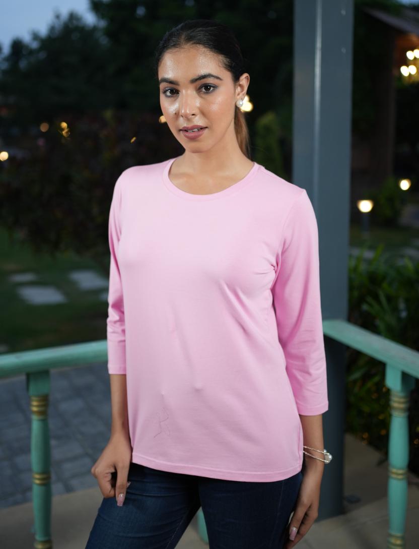 Light Pink Round Neck Cotton full Sleeve T Shirt - Cotton t shirt