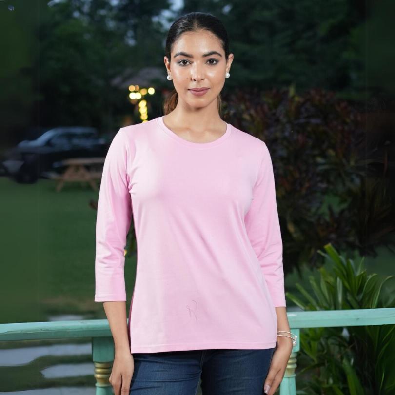 Light Pink Round Neck Cotton full Sleeve T Shirt - Cotton t shirt