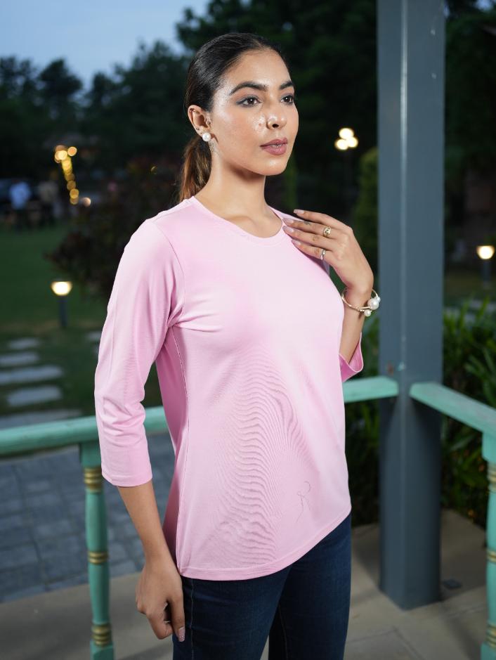 Light Pink Round Neck Cotton full Sleeve T Shirt - Cotton t shirt