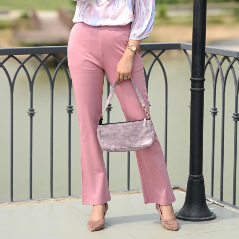 Light pink stretchable biowash cotton bootcut flare pants with superior elastic belt. - Milano bootcut flare pants