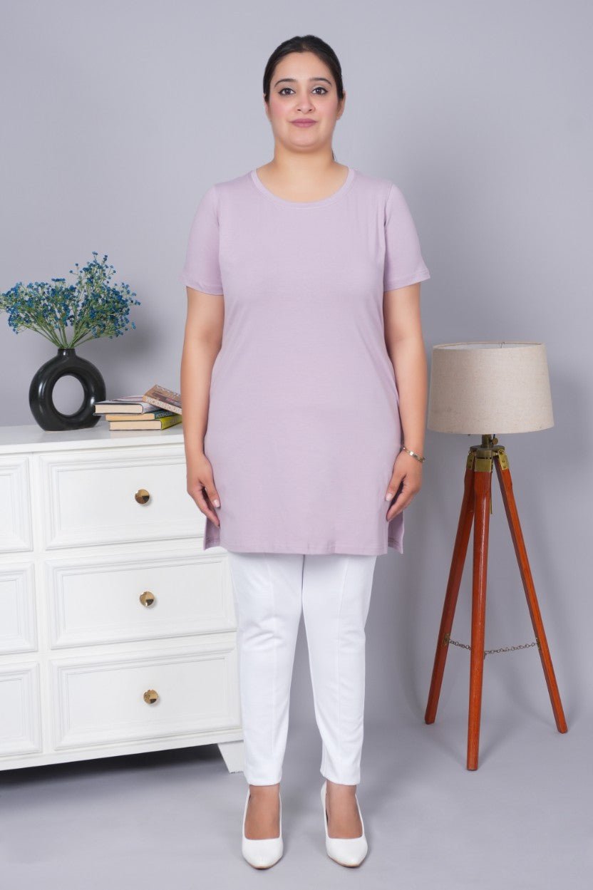 Lilac long round neck cotton t-shirt with pockets - Long cotton t-shirt