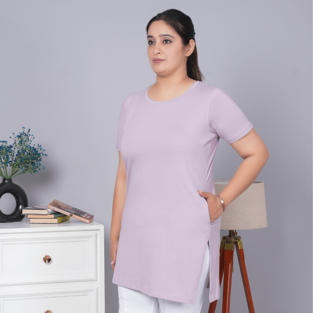 Lilac long round neck cotton t-shirt with pockets - Long cotton t-shirt