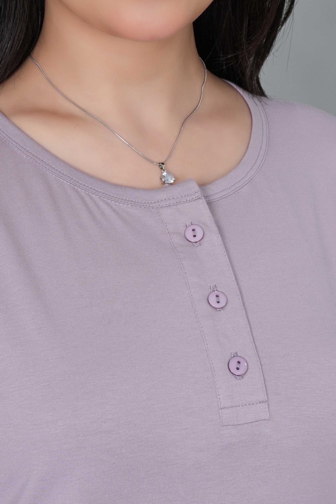 Lilac long round neck henly cotton lycra t-shirt with pockets - Long cotton t-shirt