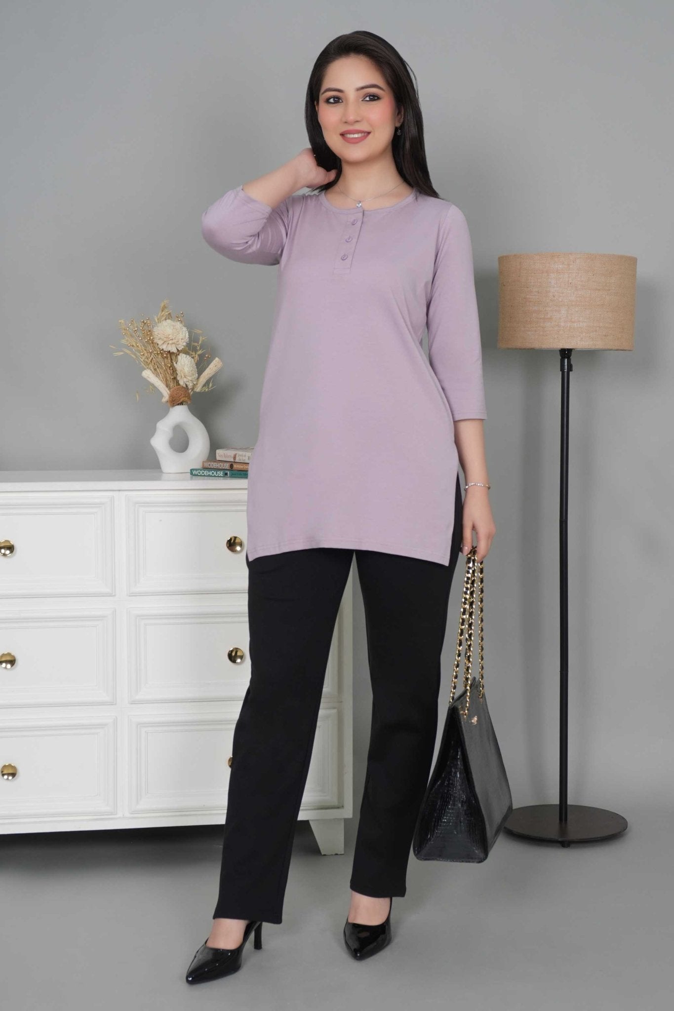 Lilac long round neck henly cotton lycra t-shirt with pockets - Long cotton t-shirt