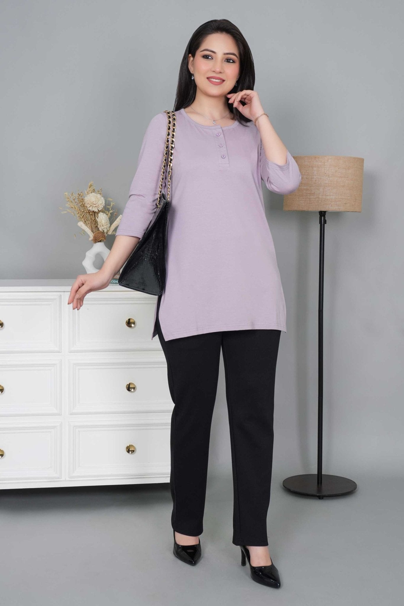 Lilac long round neck henly cotton lycra t-shirt with pockets - Long cotton t-shirt