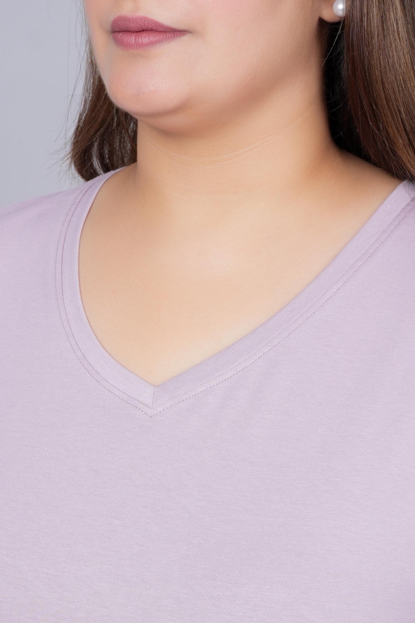 Lilac long v neck cotton lycra t-shirt with pockets - Long cotton t-shirt