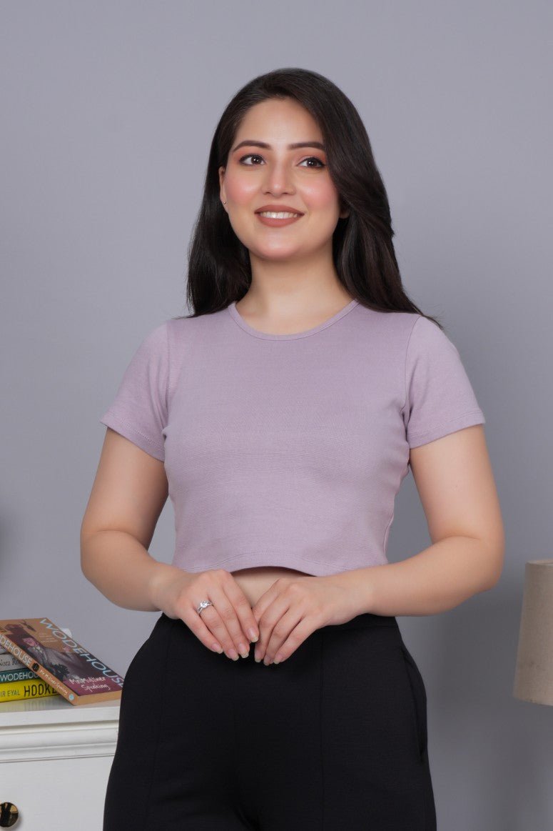 Lilac Rib Crop T Shirt [ 100% USA HQ Cotton, 280 GSM non transparent fabric ] - Rib crop t shirt
